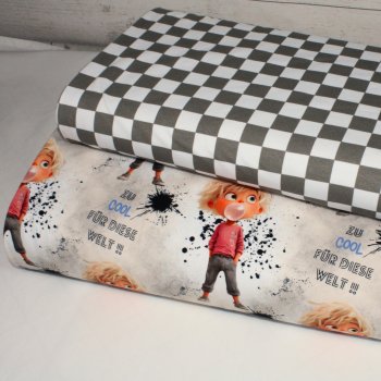 Preview: Eigenproduktion Baumwolljersey Karo in grau-weiss